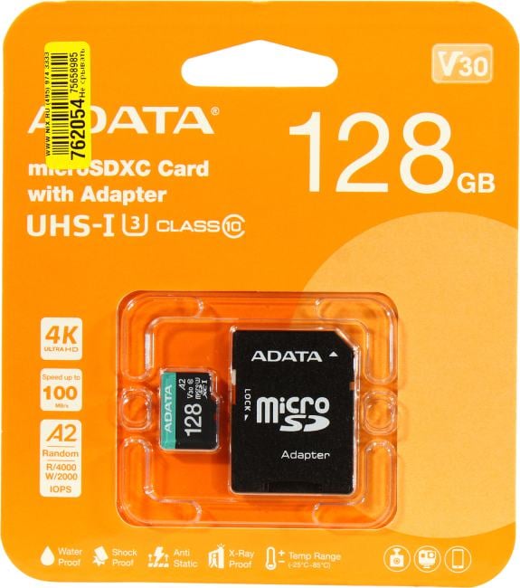ADATA <AUSDX128GUI3V30SA2-RA1> microSDXC Memory Card 128Gb V30 UHS-I  U3  A2  Class10+microSD-->SD Ad.