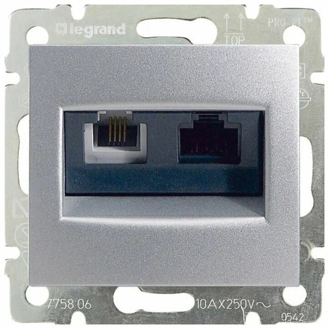 Розетка Legrand 770280 Valena CLASSIC - 2xRJ45 Cat. 5е/6  UTP  +  RJ11, алюминий