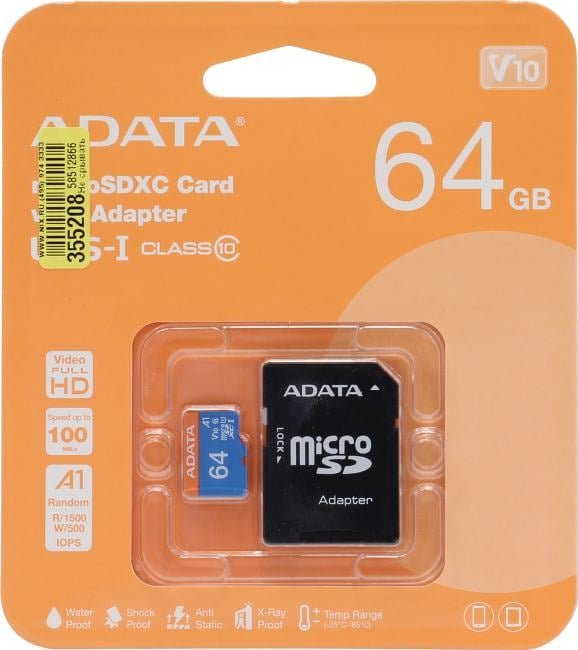 ADATA Premier <AUSDX64GUICL10A1-RA1> microSDXC Memory Card 64Gb A1 V10 UHS-I U1 +  microSD-->SD  Adapter