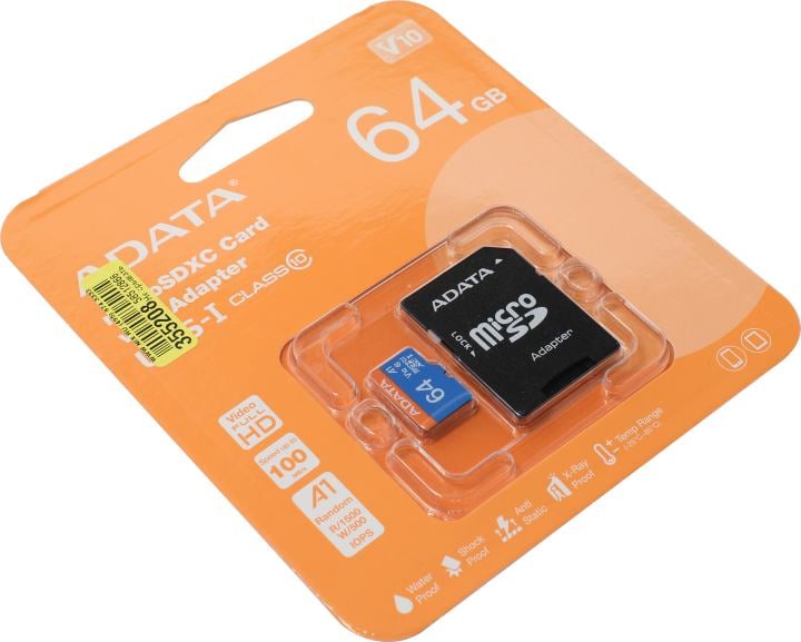 ADATA Premier <AUSDX64GUICL10A1-RA1> microSDXC Memory Card 64Gb A1 V10 UHS-I U1 +  microSD-->SD  Adapter