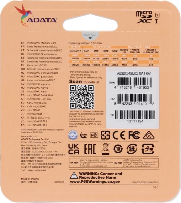 ADATA Premier <AUSDX64GUICL10A1-RA1> microSDXC Memory Card 64Gb A1 V10 UHS-I U1 +  microSD-->SD  Adapter