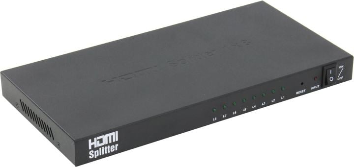 Разветвитель HDMI 4K Splitter Orient HSP0108H, 1->8, HDMI 1.4b/3D, UHDTV 4K(3840x2160)/HDTV1080p/1080i/720p, HDCP1.2, внешний БП 12В/4A, метал.корпус