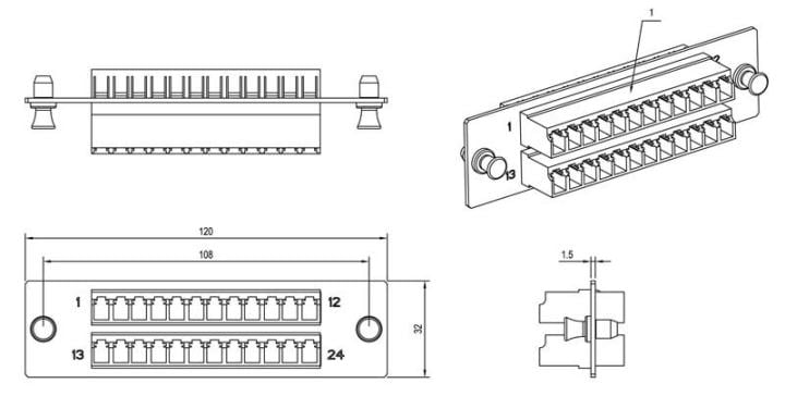 Панель Hyperline FO-FPM-W120H32-24LC-BL  для FO-19BX с 24 LC адаптерами, 24 волокна, одномод OS1/OS2, 120x32 мм, адаптеры цвета синий (blue)