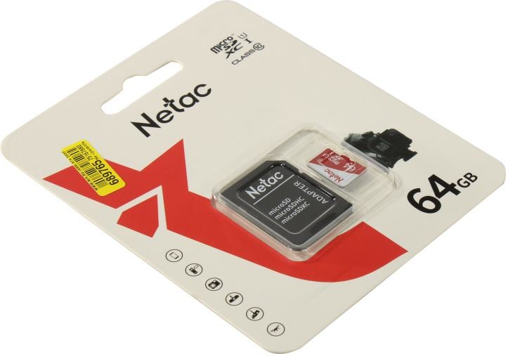 Netac <NT02P500ECO-064G-R> microSDXC Memory Card 64Gb UHS-I U1 Class10  + microSD-->SD Adapter