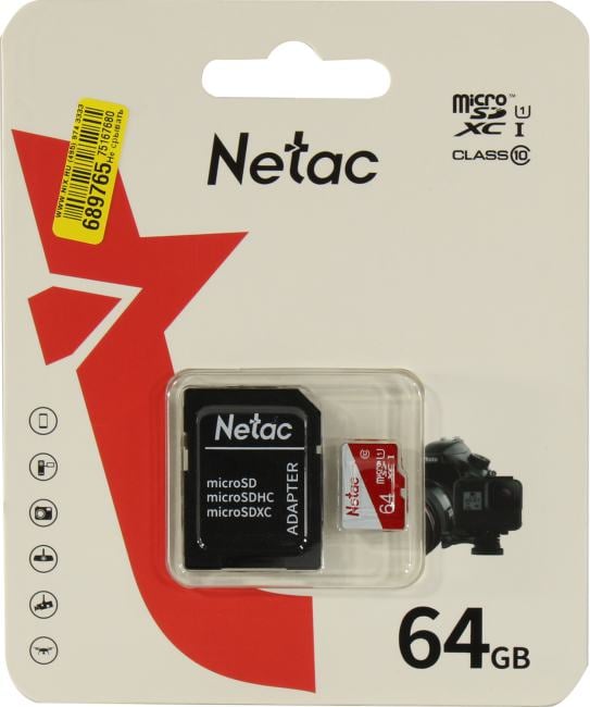 Netac <NT02P500ECO-064G-R> microSDXC Memory Card 64Gb UHS-I U1 Class10  + microSD-->SD Adapter