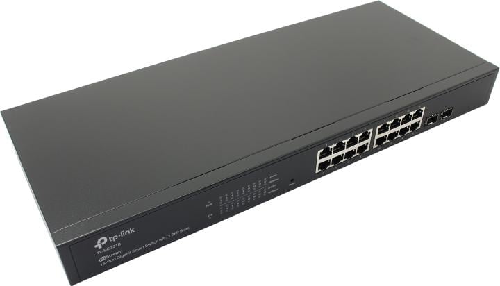 TP-Link JetStream™ 16-Port Gigabit Smart Switch with 2 Gigabit SFP Slots. PORT: 16× Gigabit RJ45 Ports, 2× Gigabit SFP Slots. SPEC: 1U 19-inch Rack-mountable Steel Case. FEATURE: Integration with Omada SDN Controller, Static Routing, 802.1Q VLAN, STP/RSTP/MSTP, IGMP Snooping, 802.1p/DSCP QoS, ACL, 802.1x, Radius/Tacacs+ Authentication, LACP, CLI, SNMP, Dual Image/Configuration, IPv6 (SG2218)