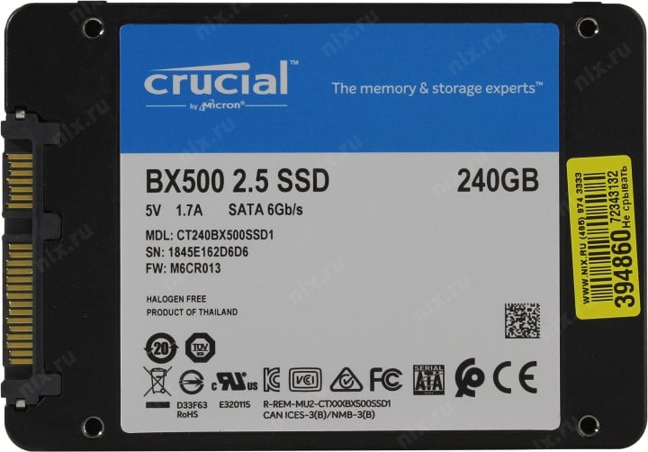 SSD 240 Gb SATA 6Gb/s Crucial BX500 <CT240BX500SSD1> 2.5"  3D  TLC