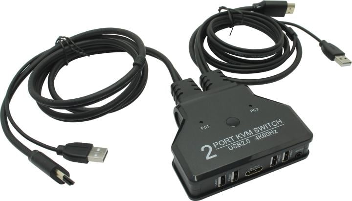 ORIENT HS21HC, HDMI KVM переключатель на 2 устройства, порты HDMI + 2xUSB (клавиатура+мышь) + 2xUSB 2.0, поддержка 4K@60Hz, встроенные кабели 2xHDMI+2xUSB2.0 1.2 метра, (33330)
