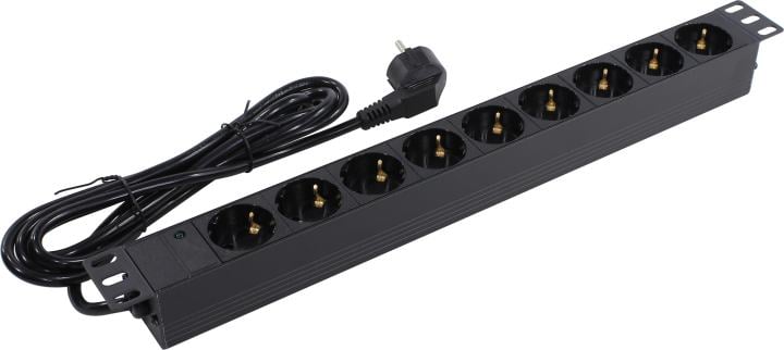 Блок розеток Exegate - ServerPro PDU-19H904 Al-9S-EU2.5CU, 16A, in (Сетевой шнур (Schuko)), out ( 9xSchuko), 2.5 м, Горизонтальный, индикатор, 1U, цвет чёрный, EX280850RUS