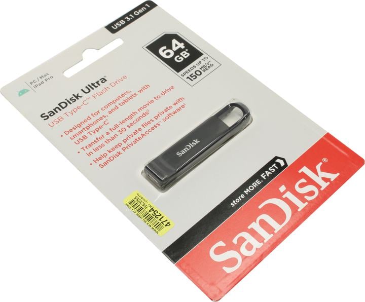 <087458> Флешка .64Gb SanDisk CZ460 Ultra Type-C, USB Type-C, черный [SDCZ460-064G-G46]