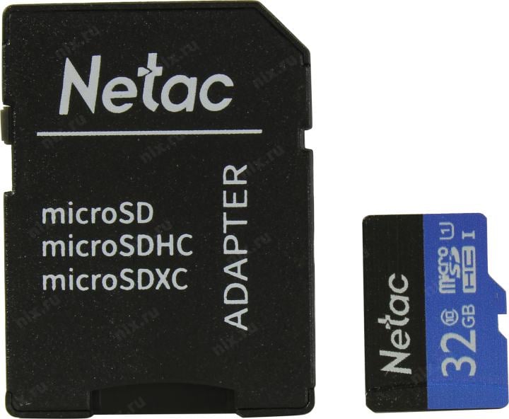 Netac <NT02P500STN-032G-R> microSDHC Memory Card 32Gb UHS-I  U1  +  microSD-->SD Adapter
