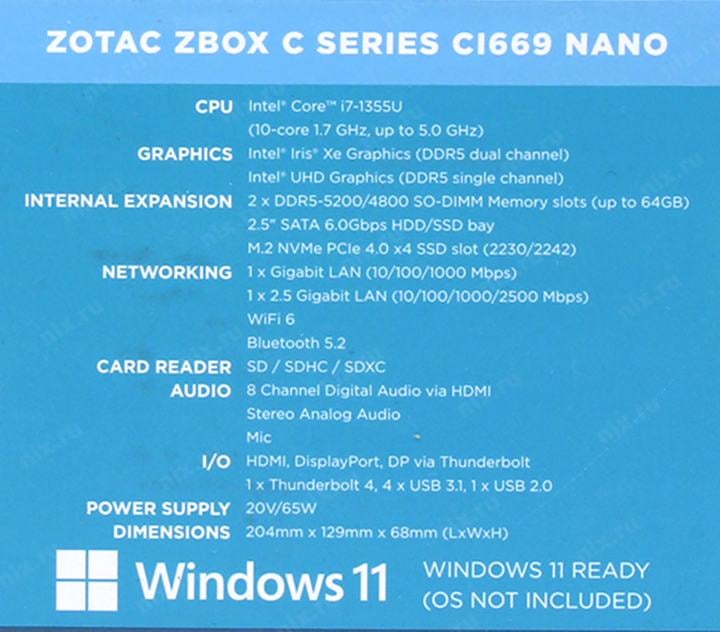 Zotac ZBOX CI669 NANO <ZBOX-CI669NANO-BE> (i7 1355U,HDMI, DP,  2xGbLAN,WiFi,BT,2DDR5  SODIMM)