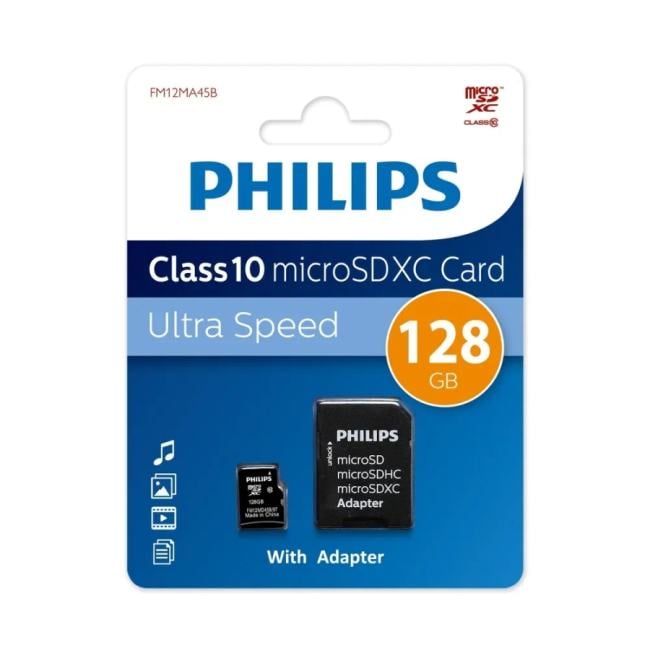 <115053> Карта памяти microSD 128Gb PHILIPS microSDHC Class 10 + SD адаптер [FM12MA45B/97]