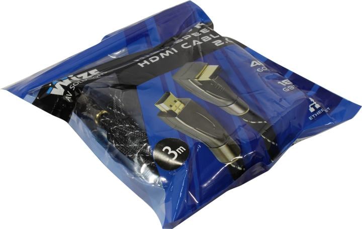Кабель HDMI Wize [WAVC-HDMIRA-3M] 3 м., v.2.0, 19M/19M, 4K/60 Hz 4:4:4, 26 AWG, HDCP 1.4, HDCP 2.2, Ethernet, позол.угловой разъем, экран, черный, пакет