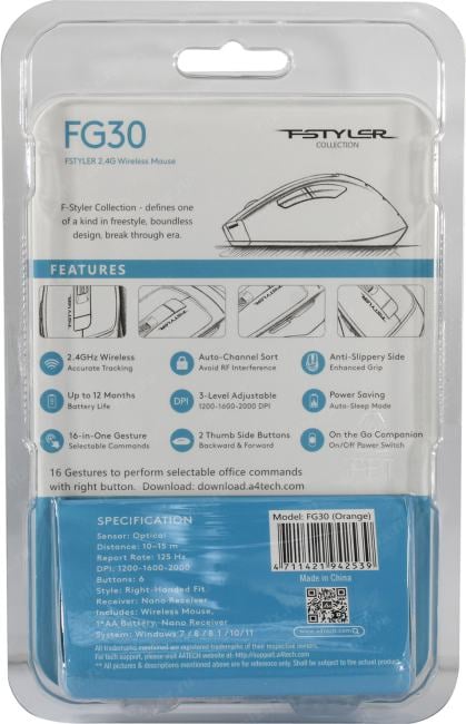 A4Tech FSTYLER Wireless Optical Mouse <FG30 Orange> (RTL)  USB  6btn+Roll