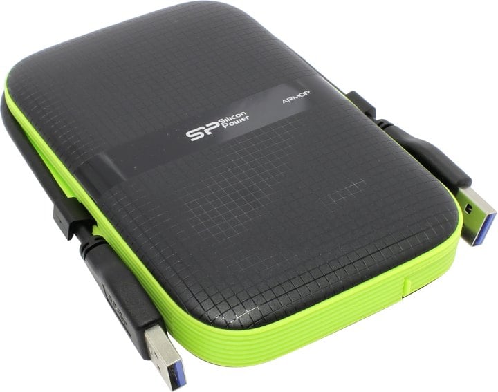 SP020TBPHDA60S3K - Silicon Power Armor - A60 2TB Portable HDD USB 3.2 Gen1 Black/Green, Shockproof MIL-STD 810G Method 516.6 Procedure IV, Water-resistant IPX4, LED light