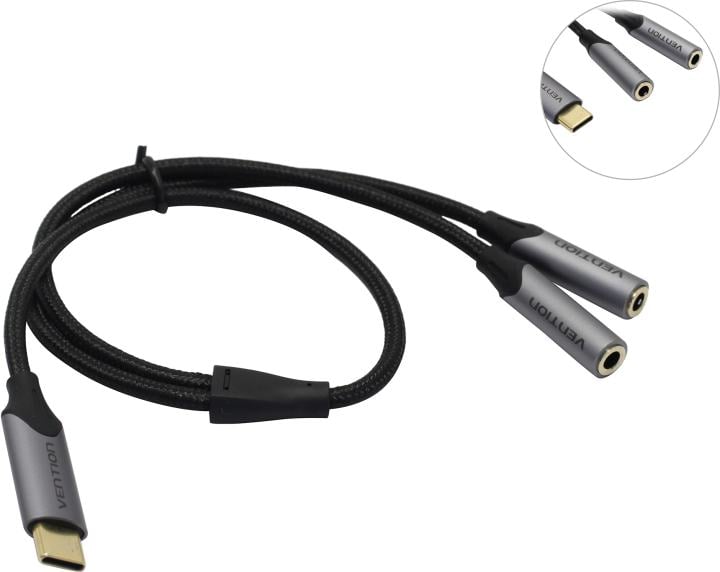 Кабель-разветвитель USB Type-C(M)-2xJack 3.5mm(F), 30см, черный/серебристый Vention (BGNHY)