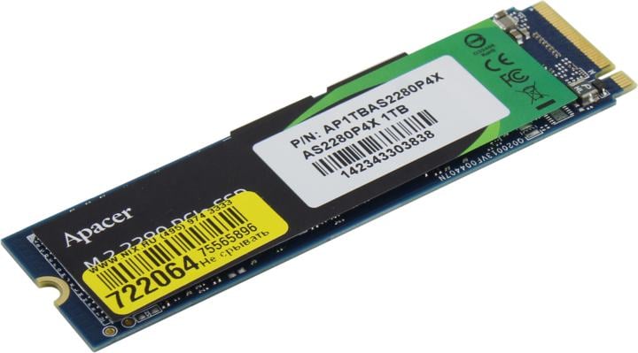 Твердотельный накопитель Apacer SSD AS2280P4X 1TB M.2 2280 PCIe Gen3x4, R2100/W1700 Mb/s, 3D NAND, MTBF 1.8M, NVMe, 350TBW, Retail, 3 years (AP1TBAS2280P4X-1)