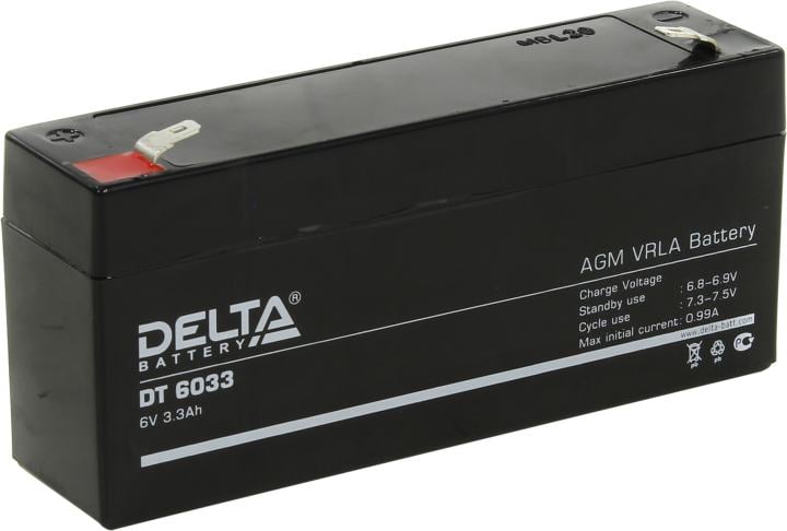 Батарея DELTA серия DT, DT 6033, напряжение 6В, емкость 3.3Ач (разряд 20 часов),  макс. ток разряда (5 сек.) 50А, макс. ток заряда 0.99А, свинцово-кислотная типа AGM, клеммы F1, ДxШxВ 134х34х61мм., вес 0.65кг., срок службы 5 лет./ Battery DELTA series DT, DT 6033, voltage 6V, capacity 3.3Ah (discharge 20 hours), max. discharge current (5 sec.) 50A, max. charge current 0.99A, lead-acid type AGM, terminals F1, LxWxH 134x34x61mm., weight 0.65kg., service life 5 years.