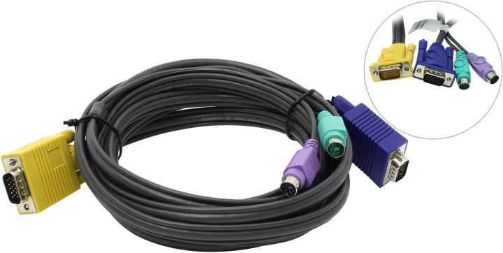 ATEN 2L-5203P Кабель KVM PS/2(Kлав+мышь)(Male)+HDB15(Male) <-> SPHD15(Male) 3,0м., тонкий, черный.