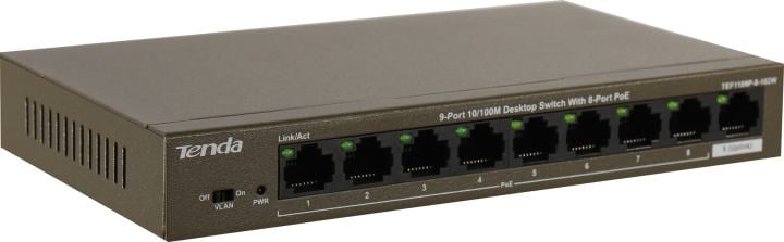 Tenda TEF1109P-8-102W - Коммутатор PoE неуправляемый,  8 портов PoE 10/100 Base-T (IEEE 802.3af/at) автоматически идентифицирует устройства с питанием от PoE. Бюджет PoE 92 Вт (30 Вт на порт), грозозащита портов 6 кВ.