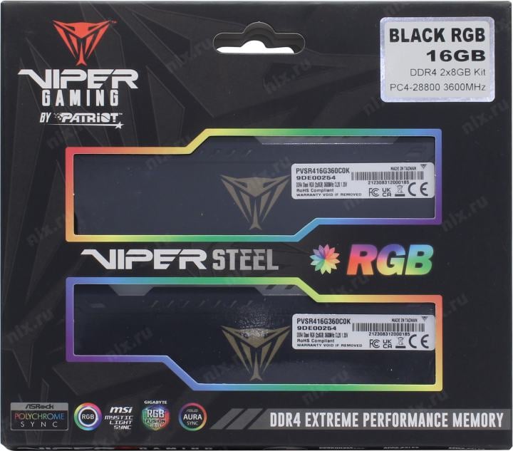 Patriot Viper Steel RGB <PVSR416G360C0K> DDR4 DIMM 16Gb  KIT  2*8Gb  <PC4-28800> CL20