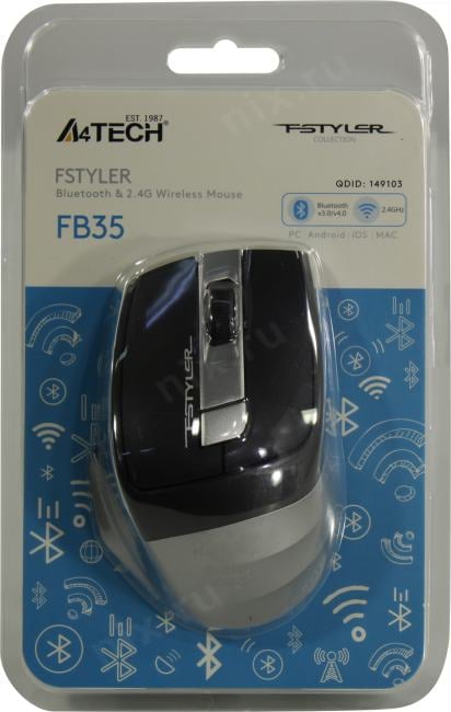 A4Tech FSTYLER Wireless&Bluetooth Optical Mouse <FB35 Smoky Grey>  (RTL) USB 6btn+Roll