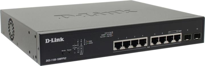 Коммутатор D-Link DGS-1100-10MPPV2/A3A, настраиваемый L2 PoE, 8×1GbE PoE+2×SFP, 242W