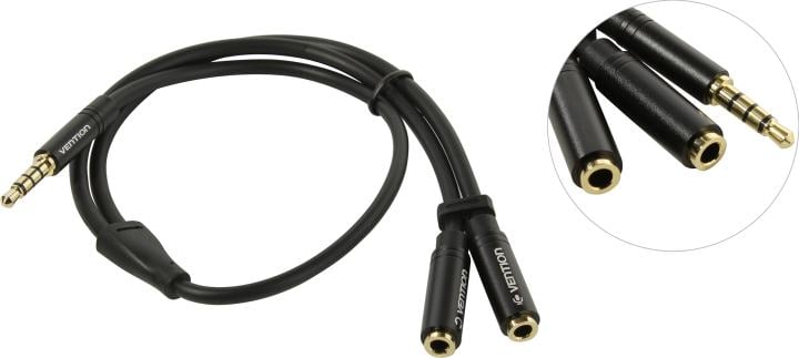 3.5мм jack (M)(4-pin) -> 2 3.5мм (F)(для подключения гарнитуры с 2 штекерами(наушники + микрофон) к одному гнезду)