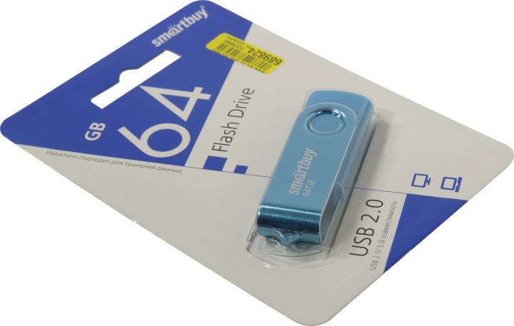 USB флеш накопитель 64 Gb SmartBuy Twist Blue пластик-металл/поворотная/ SB064GB2TWB