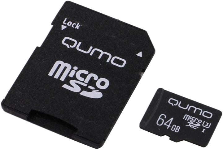 Флеш карта QUMO MicroSDXC 64Gb 90/45 МБ/с UHS-I U3, Pro seria 3.0, адаптер в комплекте SD, красная картонная упаковка