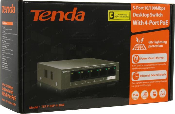 TENDA <TEF1105P-4-38W> 5-Port Desktop  Switch  With  4-Port PoE