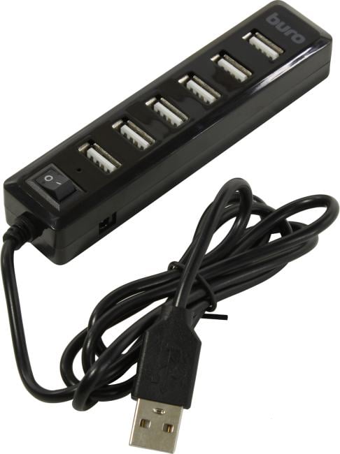 <079782> Концентратор USB-A - 7-port USB2.0, Buro BU-HUB7-1.0-U2.0, кабель 1м, черный [BU-HUB7-1.0-U2.0]