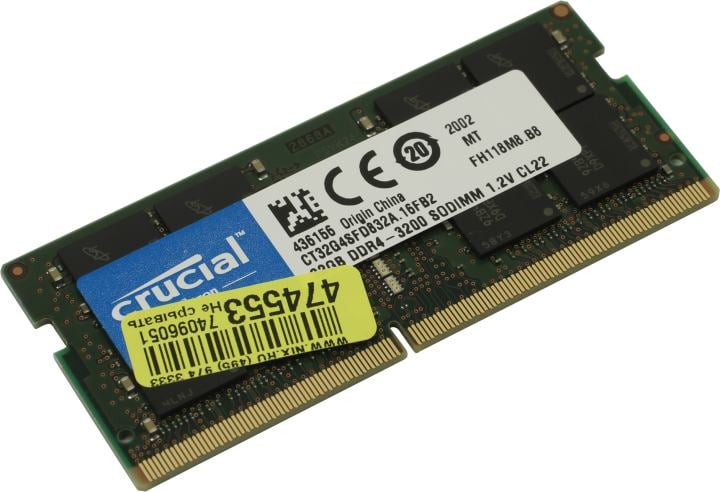 Оперативная память для ноутбука 32Gb (1x32Gb) PC4-25600 3200MHz DDR4 SO-DIMM Unbuffered CL22 Crucial CT32G4SFD832A