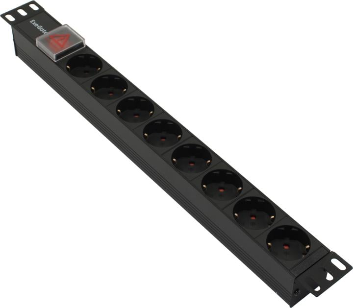 Блок розеток Exegate - ServerPro PDU-19H801 Al-8S-C14-SW, 10A, in (1xIEC-320 C14), out ( 8xSchuko), Горизонтальный, выключатель, 1U, цвет чёрный, EX280840RUS