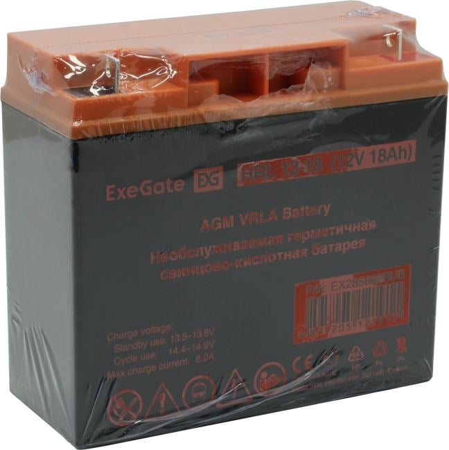 Exegate EX285662RUS Аккумуляторная батарея ExeGate HRL 12-18 (12V 18Ah, клеммы F3 (болт М5 с гайкой))