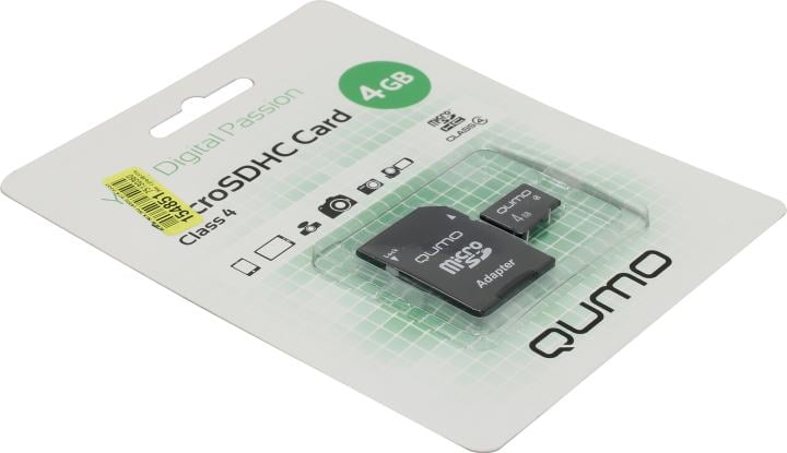 Micro SecureDigital 4Gb QUMO QM4GMICSDHC4 {MicroSDHC Class 4, SD adapter}