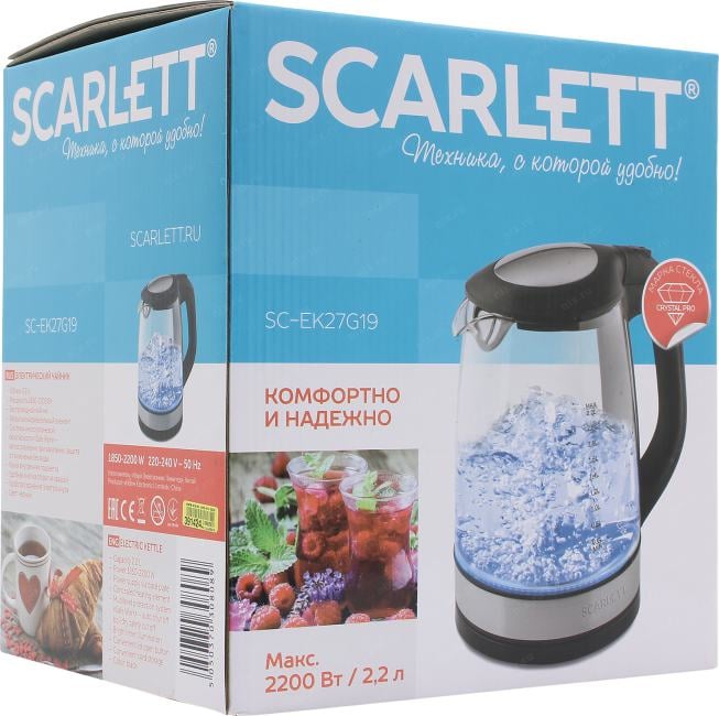Scarlett <SC-EK27G19> Электрочайник (2.2л,  2200Вт,  стеклянный)
