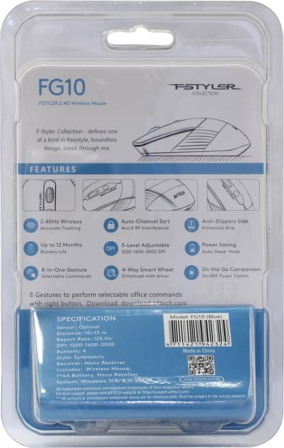 A4Tech FSTYLER Wireless Optical Mouse <FG10 Blue> (RTL)  USB  4btn+Roll