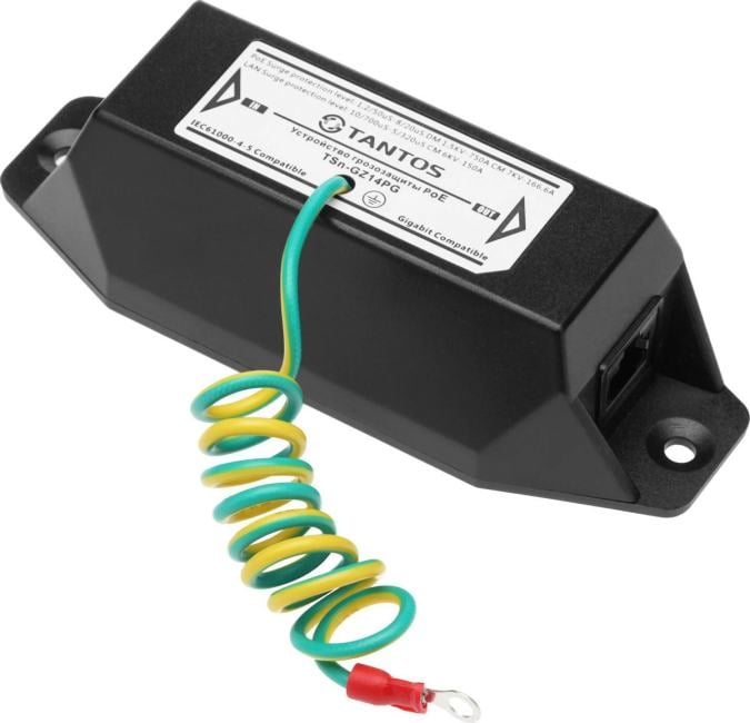 Tantos TSn-GZ14PG Одноканальное устройство грозозащиты Gigabit Ethernet и PoE (до 4КВ)
