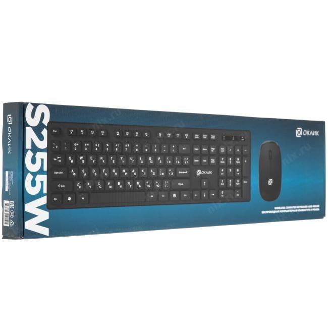 OKLICK Wireless Keyboard & Optical Mouse <S255W> Black (Кл-ра,USB,FM+Мышь 3кн,  Roll,  USB,  FM) <1909361>