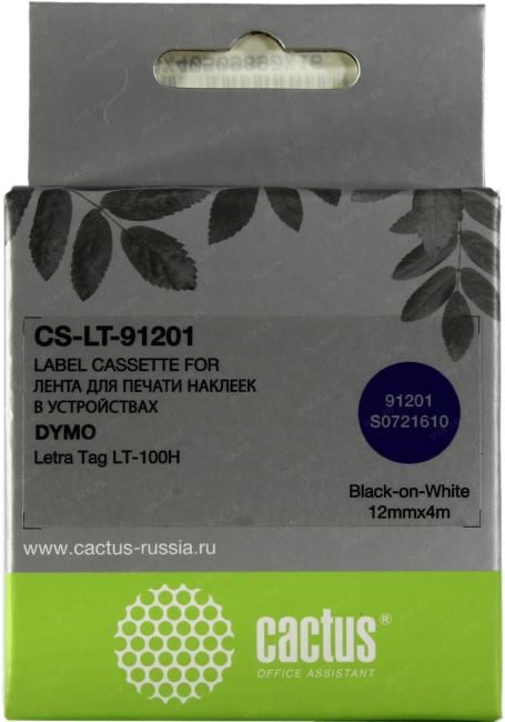 Cactus <CS-LT-91201> лента для печати этикеток (ширина 12мм, 4м, Black on White) для DYMO  Letra Tag LT-100H