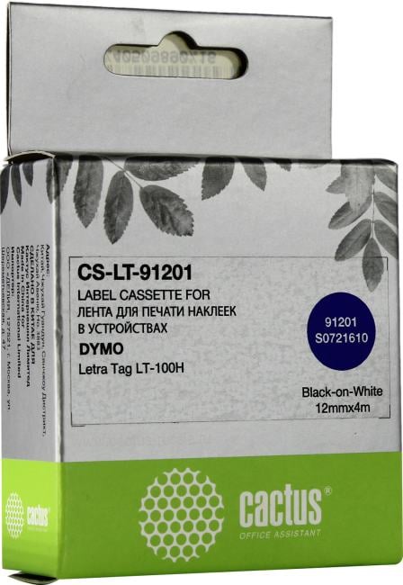 Cactus <CS-LT-91201> лента для печати этикеток (ширина 12мм, 4м, Black on White) для DYMO  Letra Tag LT-100H