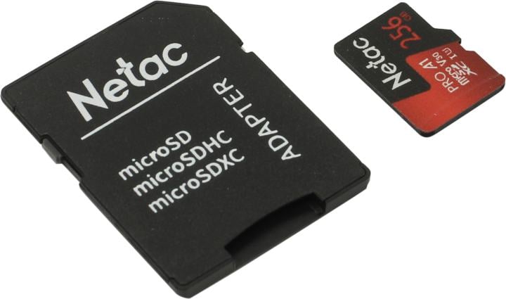 Netac <NT02P500PRO-256G-R> microSDXC Memory Card 256Gb A1 V30 UHS-I U1 +  microSD-->SD  Adapter