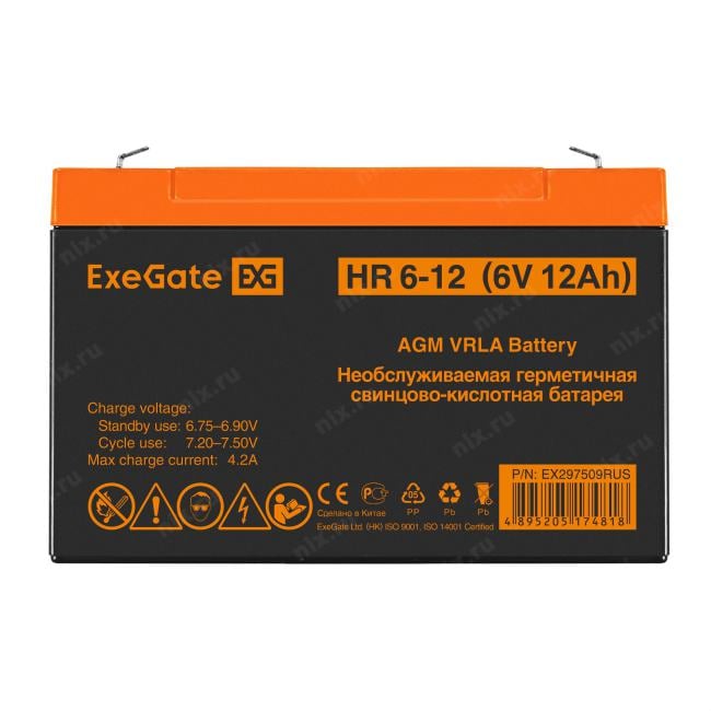 EX297509RUS Аккумуляторная батарея ExeGate HR 6-12  (6V  12Ah,  клеммы F2)