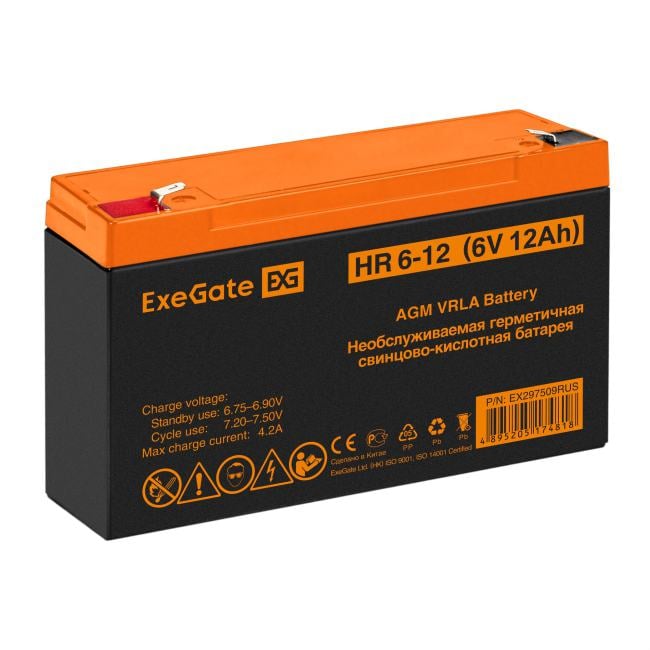 EX297509RUS Аккумуляторная батарея ExeGate HR 6-12  (6V  12Ah,  клеммы F2)
