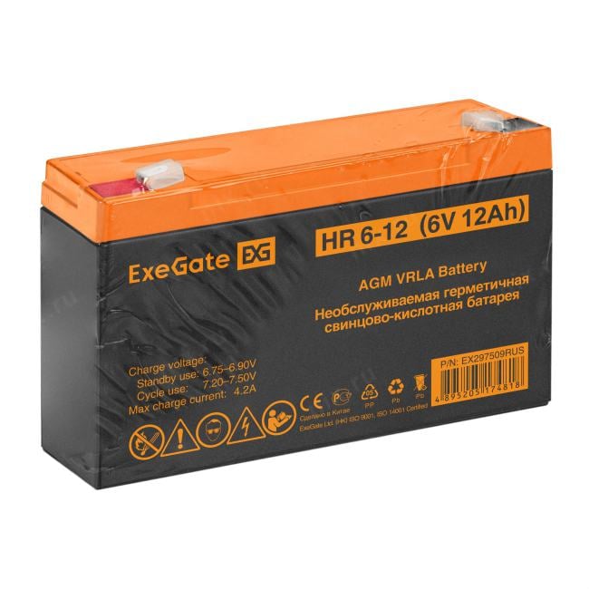 EX297509RUS Аккумуляторная батарея ExeGate HR 6-12  (6V  12Ah,  клеммы F2)