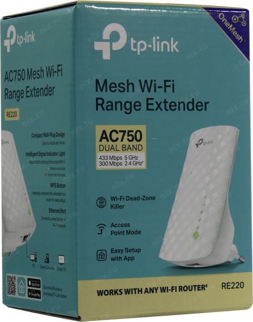 TP-LINK <RE220> Mesh WiFi Range Extender (1UTP  100Mbps, 802.11b/g/n/ac, 433Mbps)