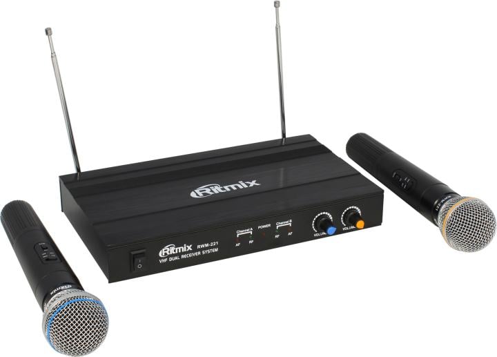 Комплект микрофонов RITMIX RWM-221 черный 87,5 - 92МГц, рабочий диапазон 60м, 2 микрофона в комплекте, динамический, однонаправленный, 40-20000Гц, 600Ом, 60дБ, переключатель Вкл/Выкл