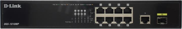 D-Link <DGS-1010MP /A1A> Неуправляемый коммутатор (8UTP 1000Mbps PoE+1UTP  1000Mbps + SFP)